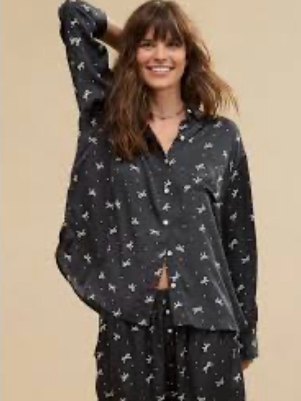 Aerie Off Duty Satin Bow Print Pajama Set shorts and long sleeve small